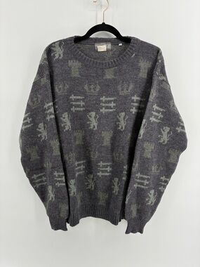 Vintage Wool Blend Made in Italy Men's Gray Patterned Crewneck Sweater